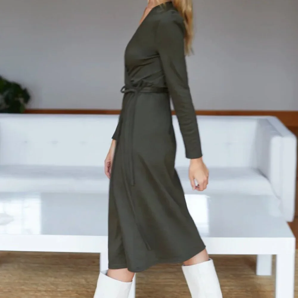 Emerson Fry Ballet Wrap Dress Adjustable Tie Waist Puff Sleeve Olive Green XS